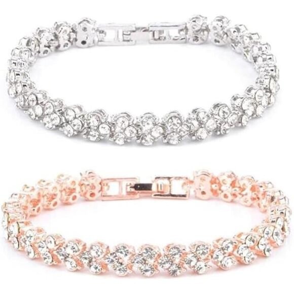Classic CZ/ Rhinestone Tennis Bracelets – Silver & Rose Gold Pair- Evening, Work - Picture 1 of 7